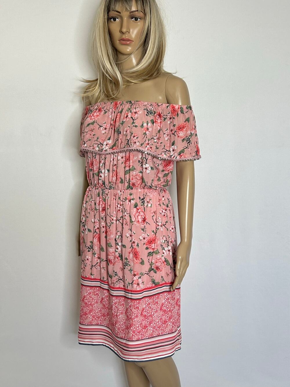 Cottagecore Flame Pink Floral Off-Shoulder Peasant Dress Sequin Trim Sz 38 (US M